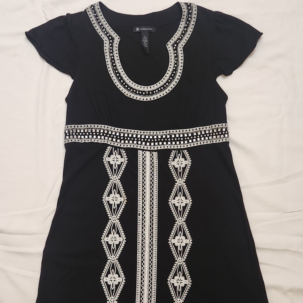 INC INTERNATIONAL CONCEPTS WOMEN'S EMBROIDERED BLACK DRESS W/ BEADING DETAILS, L